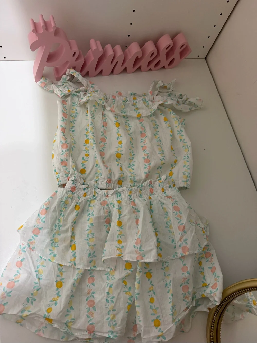 White Tiered Girls' Top & Skirt with Peach and Yellow Fruit Print